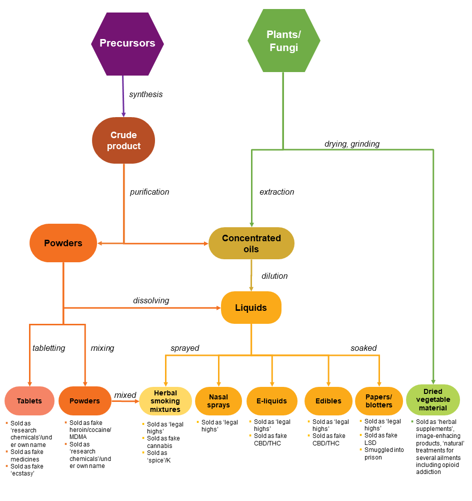 Diagram showing the main types of consumer products that can be made from new psychoactive substances, starting with plants or fungi and precursors respectively.