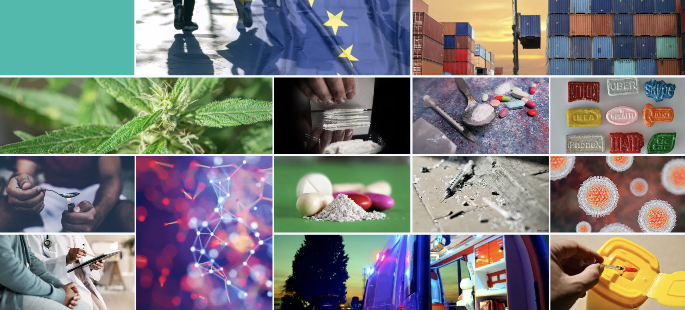 A mosaic of drug and societlal related images used to illustrate the European Drug Report 2025