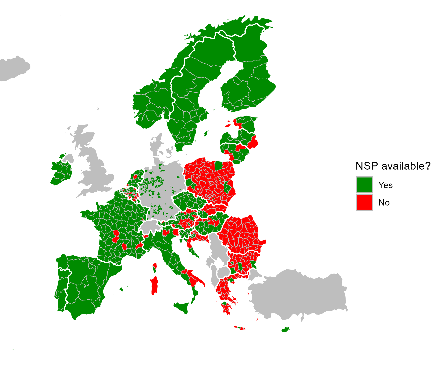 Map availability of needle syringe programmes in Europe at regional level, 2023 or the most recent year available
