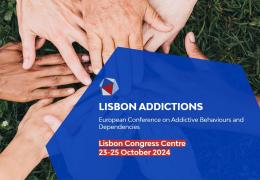 banner of Lisbon Addictions - European Conference on Addictive Behaviours and Dependencies, Lisbon Congress Centre, 23.35 October 2024. Hands together over green grass and text on a blue background