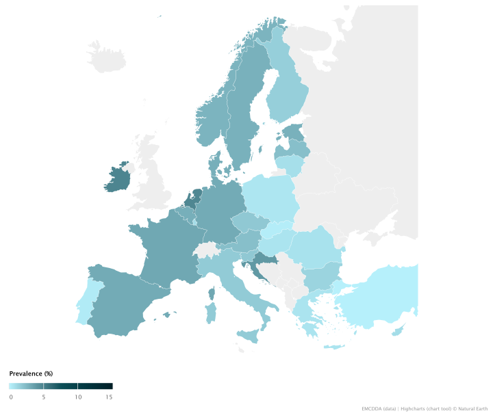 Map showing prevelance of cocaine use among young adults in Europe for the most recent year. Cocaine is seen with higher prevalence in countries in the west of Europe and slighly lower in the East. These data however need to be treated with caution.