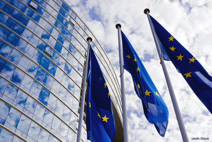eu flags in front of mirror windows building