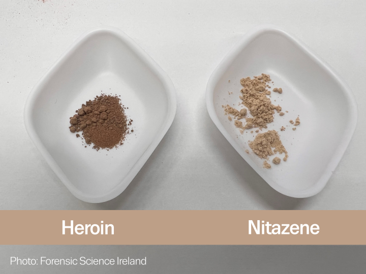Photo with two recipients, one with nitazenes powder compared to brown heroin powder. Photo by Forensic Science Ireland